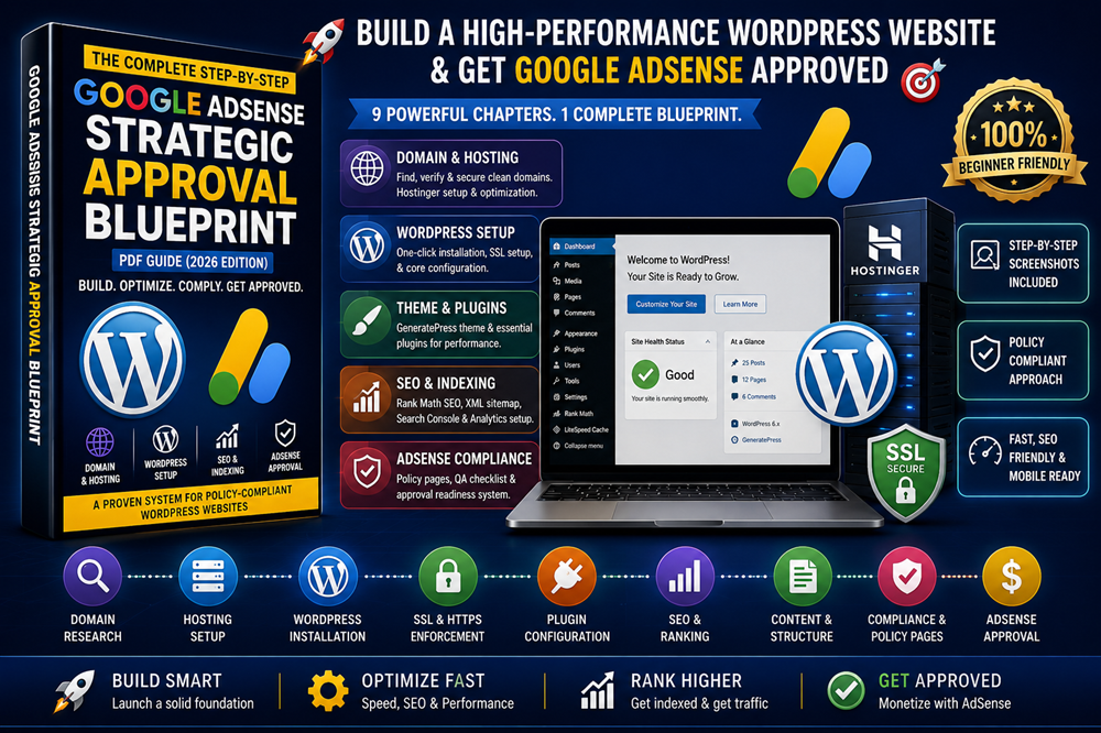 Google AdSense Strategic Approval Blueprint PDF Guide (2026) 2 Hostinger, WordPress & Google AdSense Complete Blueprint eBook